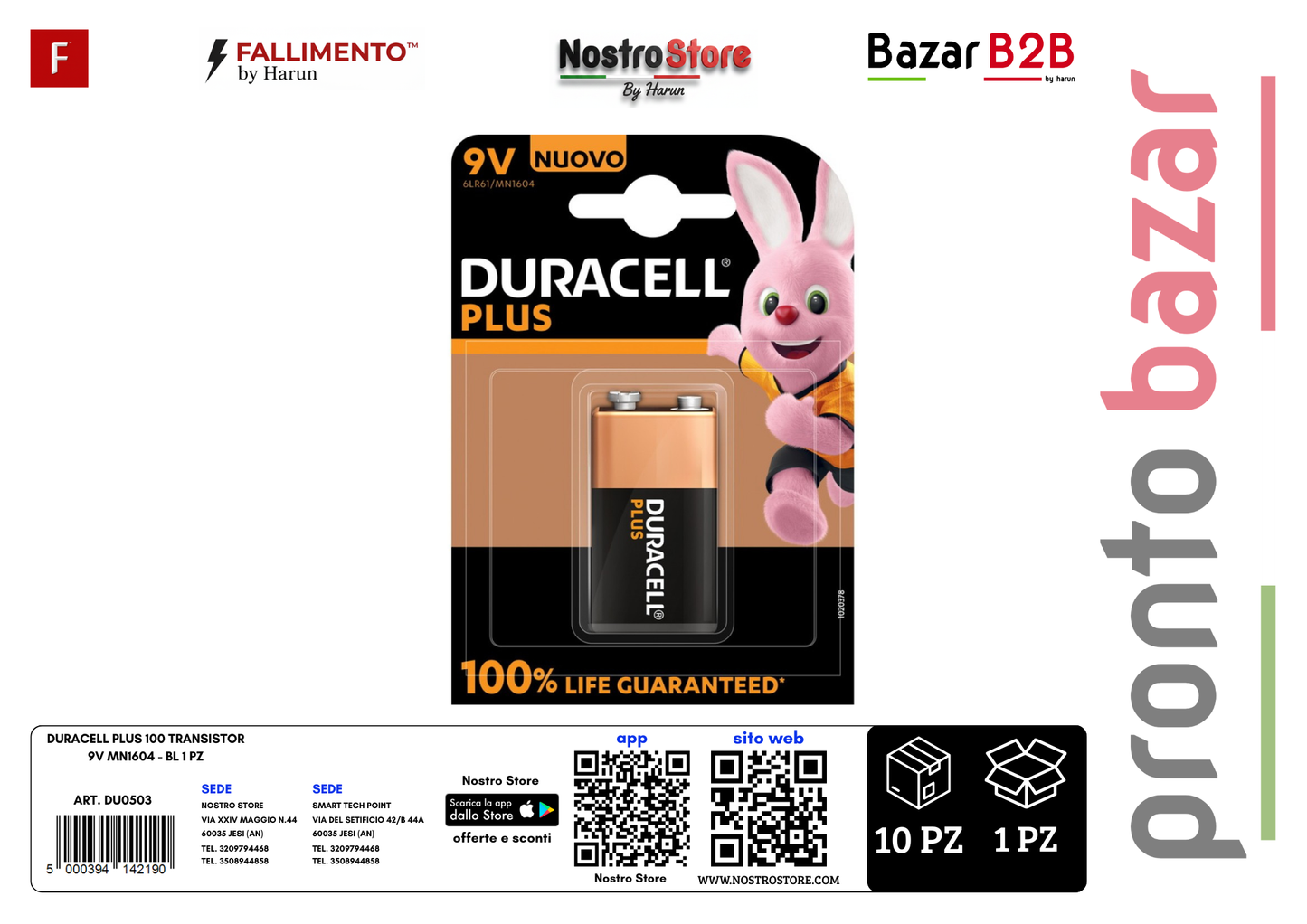 DURACELL PLUS 100 TRANSISTOR 9V MN1604 - BL 1 PZ