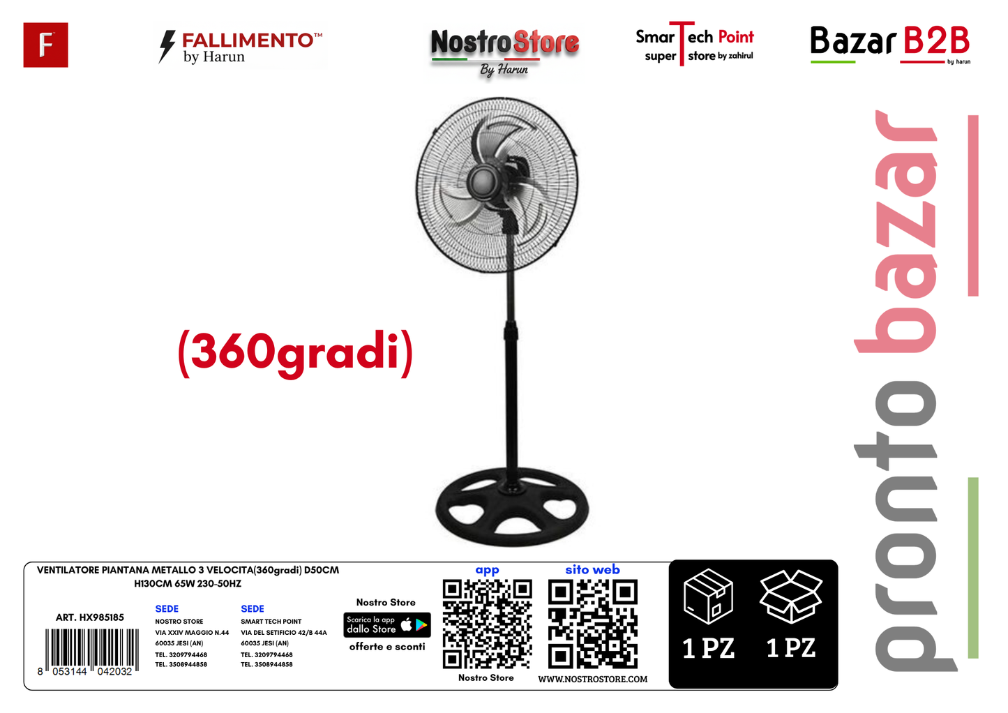 VENTILATORE PIANTANA METALLO 3 VELOCITA(360gradi) D50CM H130CM 65W 230-50HZ