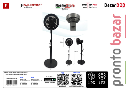 VENTILATORE IBERIC NERO 3 VELOCITA' 230V/50HZ/75W/DIAM.26CM H106