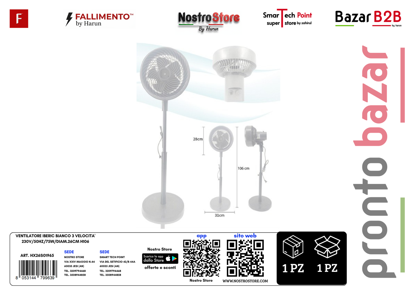 VENTILATORE IBERIC BIANCO 3 VELOCITA' 230V/50HZ/75W/DIAM.26CM H106